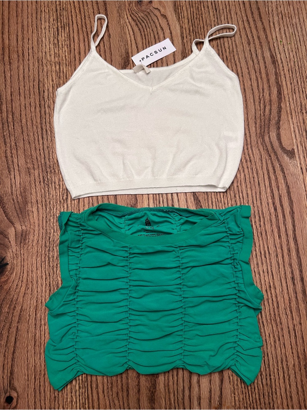 PacSun Cream Ribbed V-Neck Crop Tank with Green Ruched Top